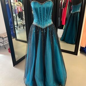 Teal and Black Strapless Gown